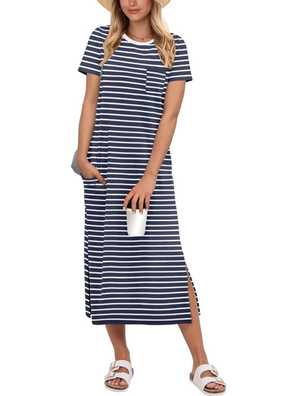 Chic Summer Midi Dress | Comfy Short Sleeve Split Stripe for Travel & Beach